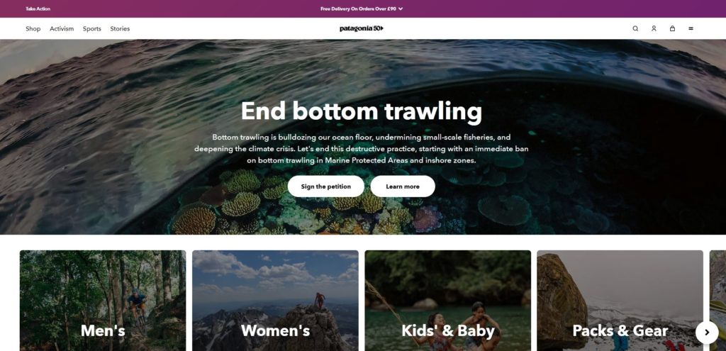 Il s'agit d'une capture d'écran de la home page du site web patagonia, utilisée pour illustrer les dangers d'un storytelling mensonger.